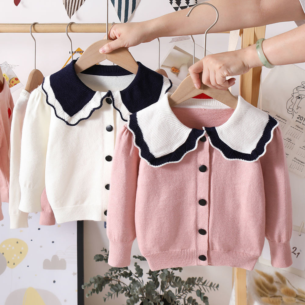Girls sweater cardigan spring and autumn baby children's knitting 2022 boys white Korean version thick cotton T long-sleeved coat