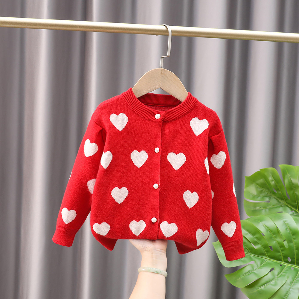 Baby Red Sweater Girl Love Knitting Costumes Spring and Autumn Children Wear Pure Soft Sweater