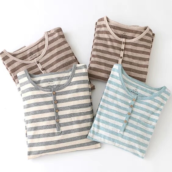 Japanese-Style Spring and Autumn Jersey Cotton Loungewear Set, Simple Striped Knit Cotton Unisex Long-Sleeve Pure Cotton Pajamas Two-Piece Set