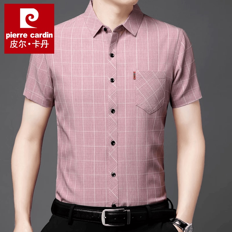 Pierre Cardin High-End Brand-Name Shirt Men's Ice Silk Short-Sleeved Summer Casual Plaid Non-Iron Shirt for Dad