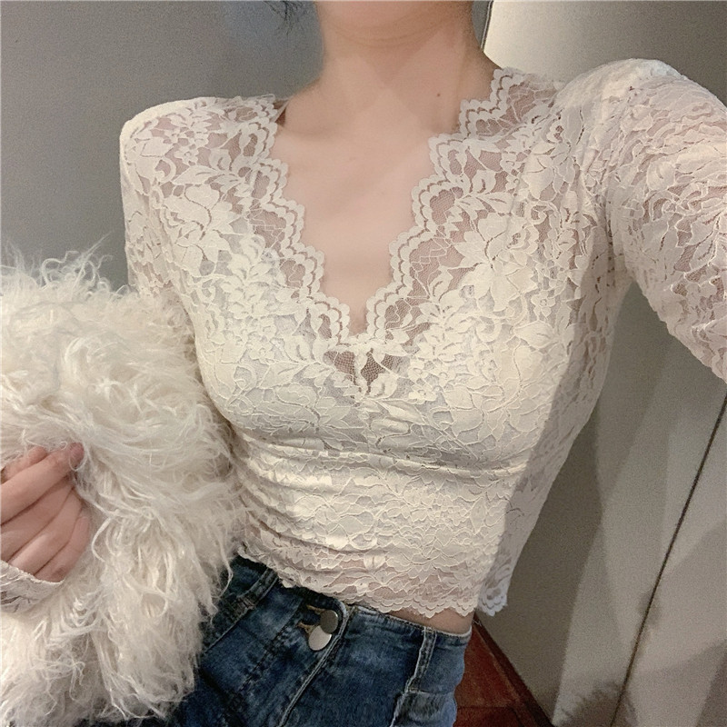 V-Neck Lace Undershirt for Women, Spring and Summer Versatile Shirt, Stylish Mesh Thin Slim-Fit Long-Sleeve Short Top