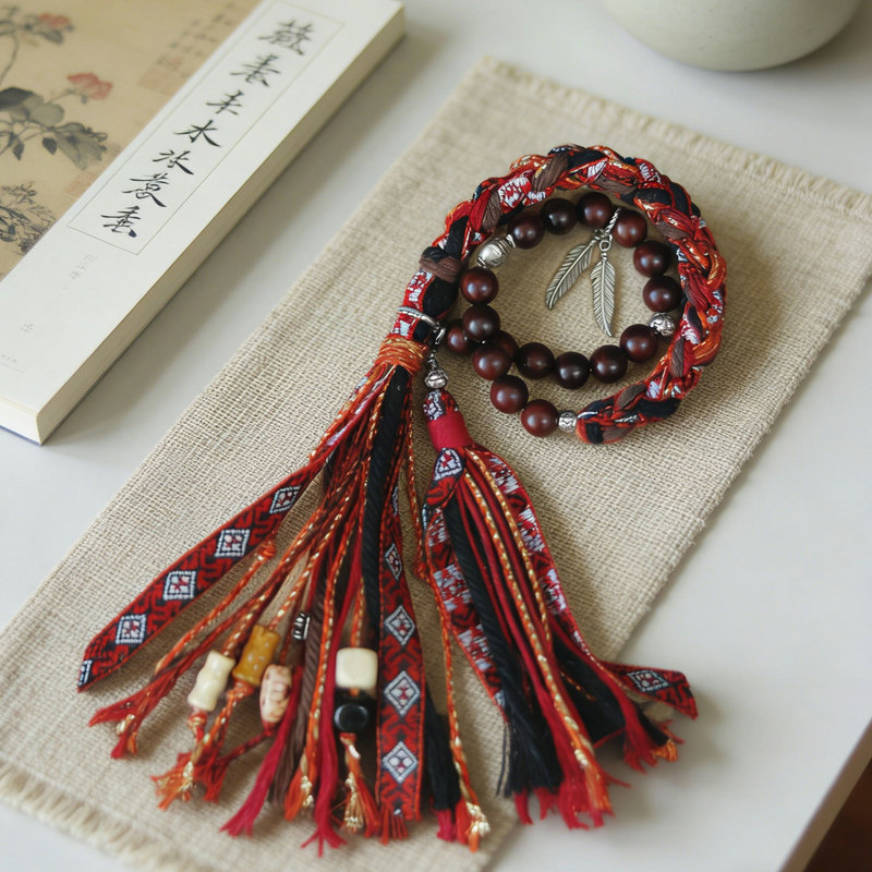 "Red Stove Snow" Red Rosewood Tibetan-Style Bracelet New Chinese-Style Chain Weaving Wooden DIY Material Kit Red String