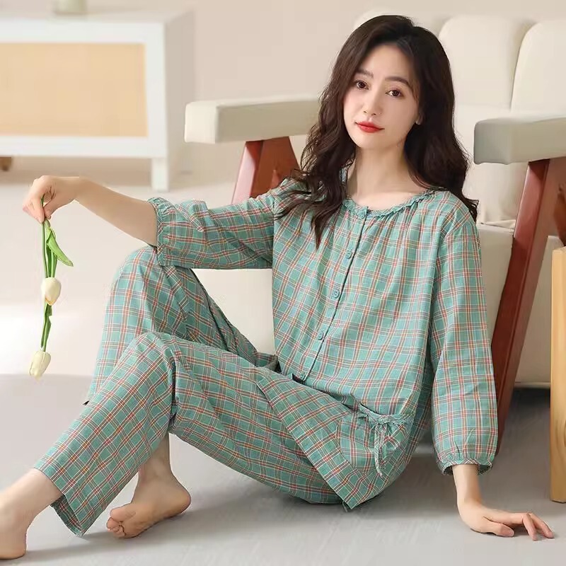 High-End Woven Cotton Pajamas for Women, Spring Style with Chest Pads, Plaid Cardigan, Three-Quarter Sleeves, Pure Cotton, Casual and Versatile Loungewear