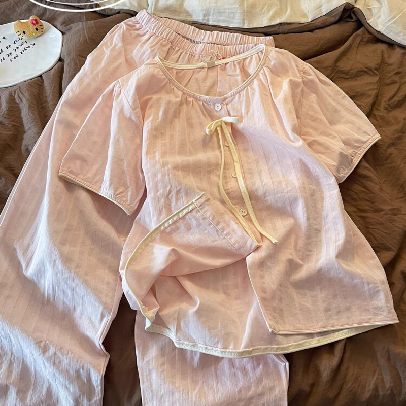 Japanese Gp Sweet Style Pink Pajamas for Women, Summer 2026 New Short-Sleeved Long Pants Loungewear Set Japanese Gp Sweet Style Pink Pajamas for Women, Summer 2026 New Short-Sleeved Long Pants Loungewear Set