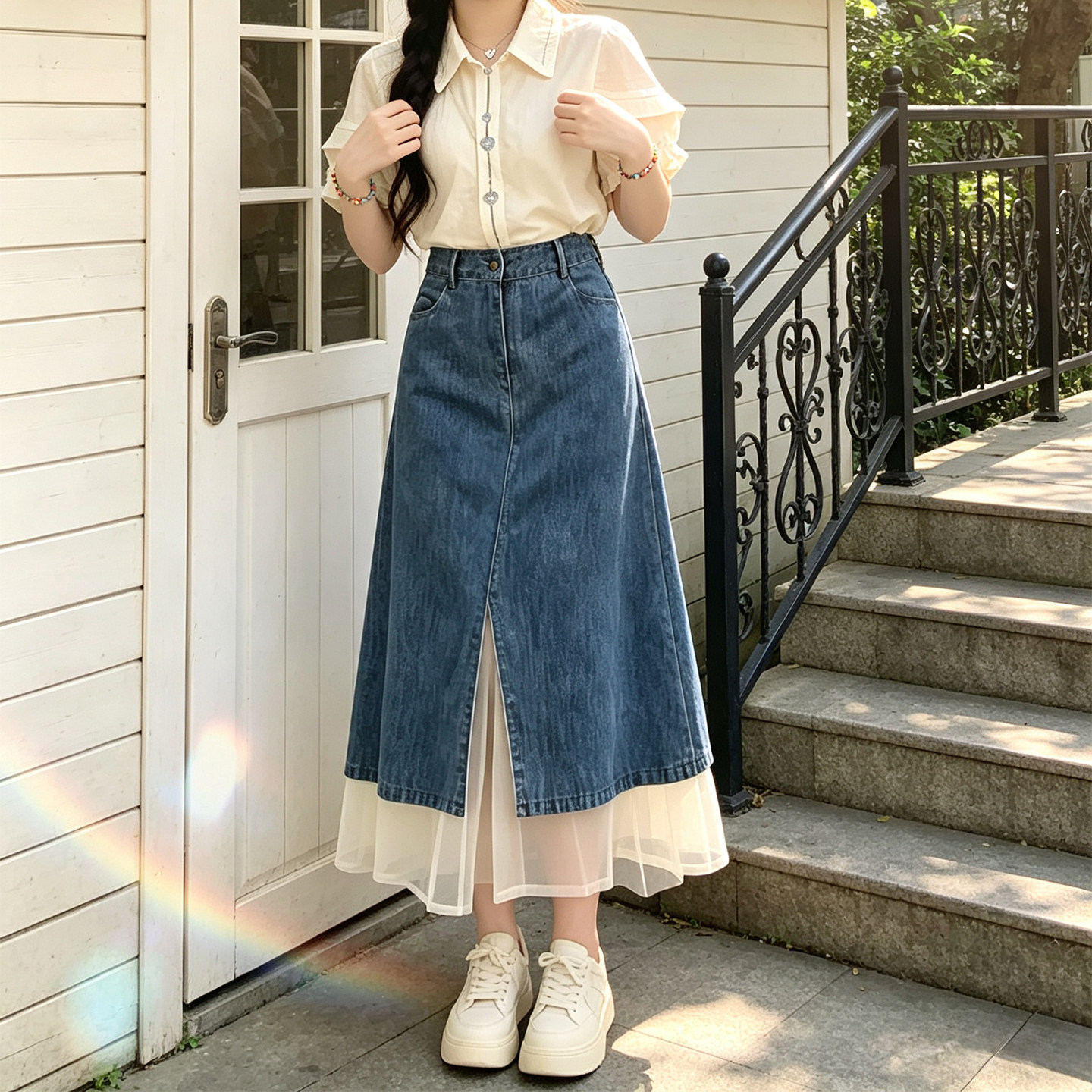 300斤大码胖mm复古拼接高腰牛仔半身裙女夏季中长款显瘦百搭A字裙