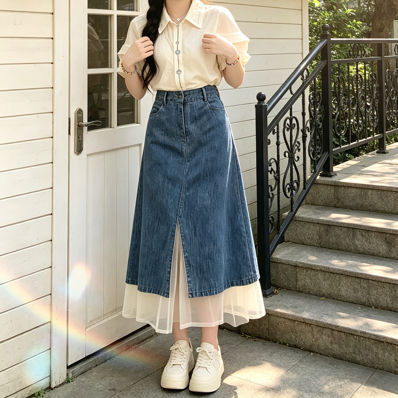 150kg Plus Size Retro Patchwork High-Waisted Denim Skirt for Women, Summer Mid-Length Slimming Versatile A-Line Skirt