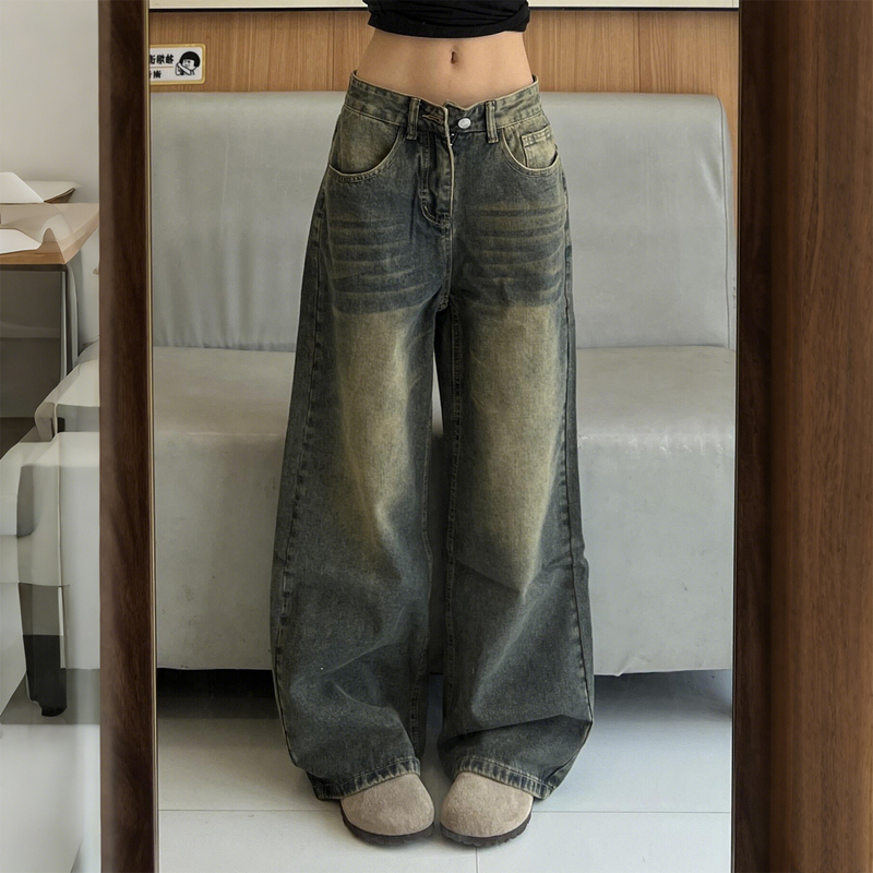150kg Plus Size American Retro Distressed High Street Wide-Leg Jeans for Women, Straight Loose High-Waisted Floor-Length Pants