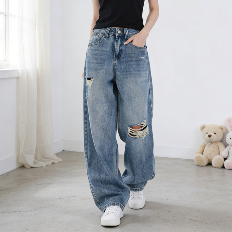 150kg Plus Size Summer Vintage Ripped Wide-Leg Jeans for Women, High-Waisted, Loose, Slimming, Floor-Length Pants