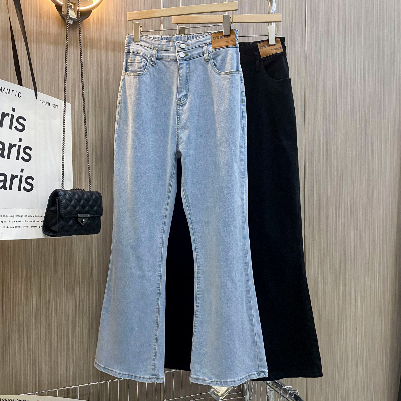 100kg Plus Size Women's Clothing for Fat Women, Summer High-Waisted Straight Loose Fit, Height-Enhancing, Slimming, Slightly Flared, Stretchy Wide-Leg Jeans