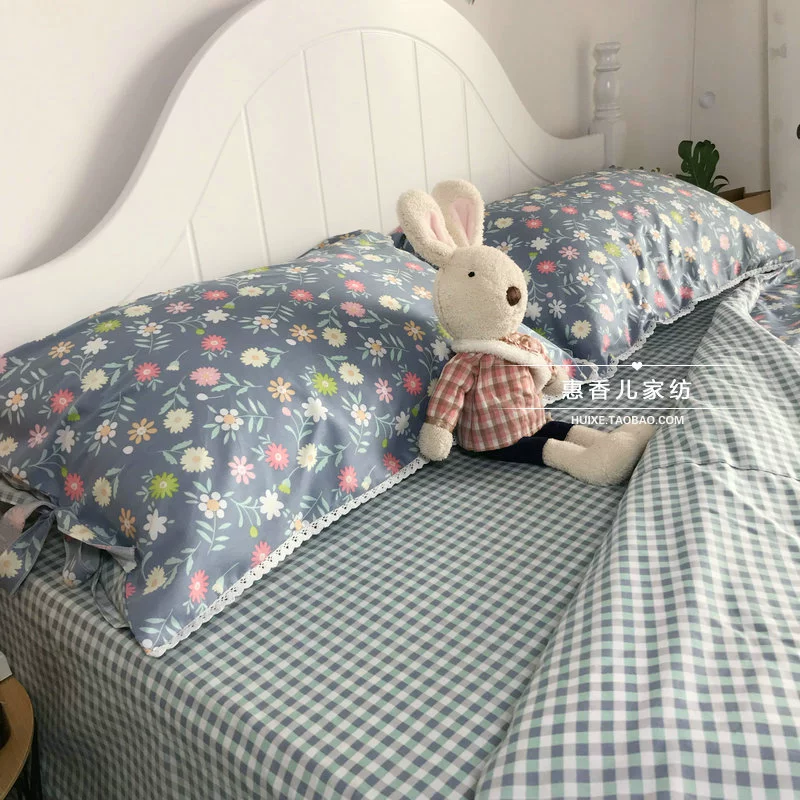 Hàn Quốc cô gái bông tim ins denim 1.8m ròng đỏ bông ren công chúa mục vụ giường hoa vải quilt - Bộ đồ giường bốn mảnh