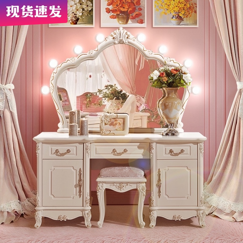 European style dressing table Bedroom Princess dressing table with light white cabinet Luxury carved net red makeup table Small apartment type