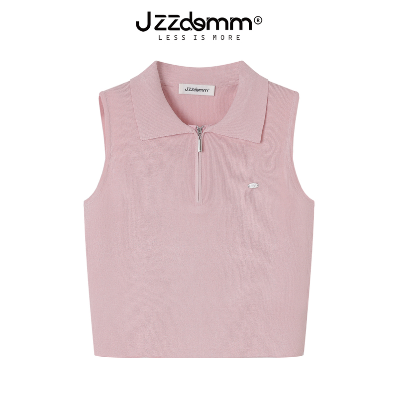 Kyushu Eslite/Jzzdemm High-End Zipper Lapel Knitted Vest for Women, Summer Age-Reducing Slim-Fit Versatile Top