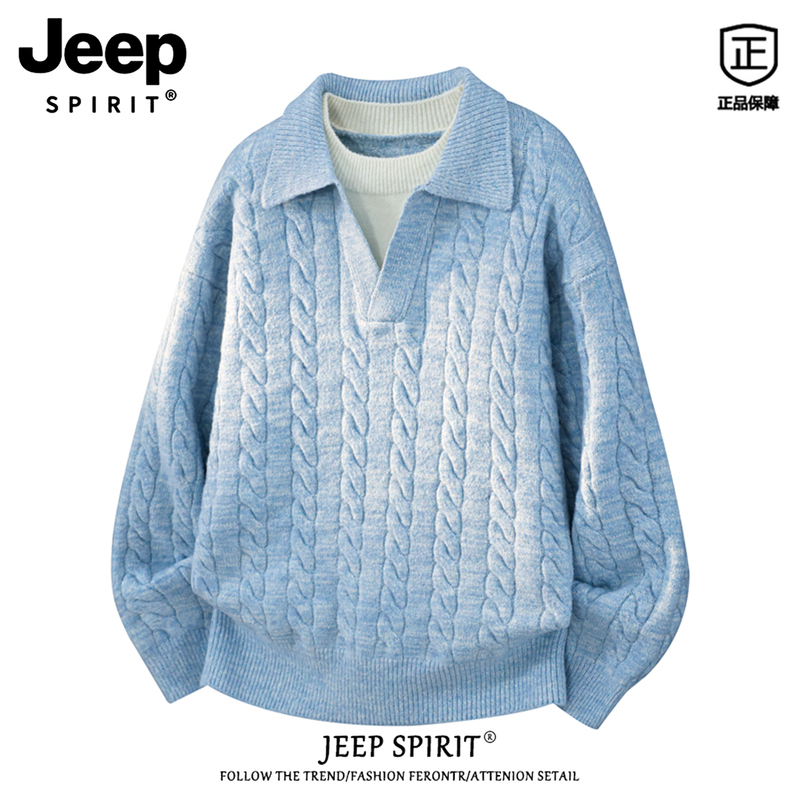 Jeep Spirit Fake Two-Piece Pullover Sweater for Men, Autumn Loose Casual Knitwear, Couple's Top