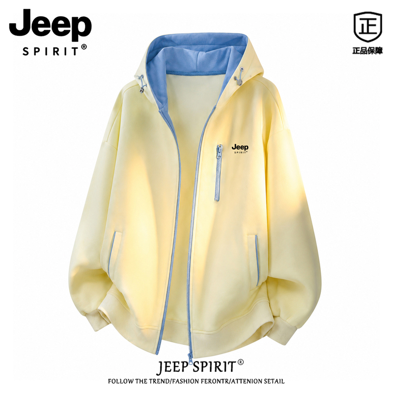 Jeep Spirit Cardigan Jacket for Men, Autumn Hooded Color-Block Heavyweight Sweatshirt, American-Style Hooded Youth Jacket