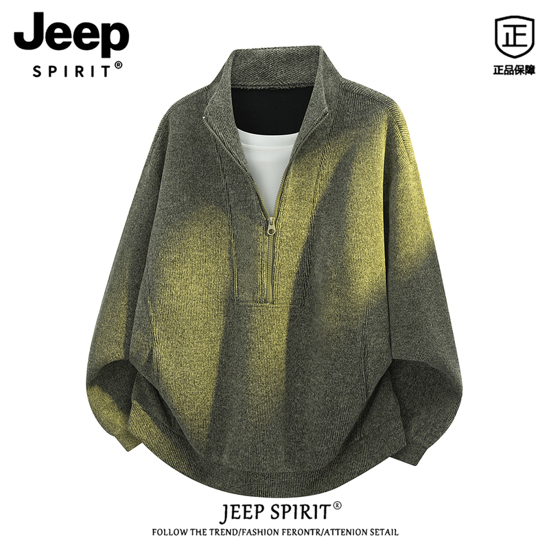 Jeep Spirit Green Knitwear Men's New Autumn Half-Zip Stand-Up Collar Sweater Loose and Versatile Top
