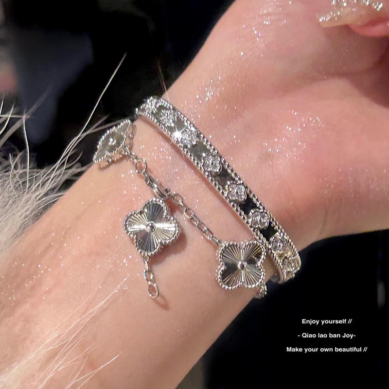 [Joy Boss] Four-Leaf Clover Bracelet Kaleidoscope Bangle Laser Silver Sparkling Diamond Simple High-End Light Luxury Trendy