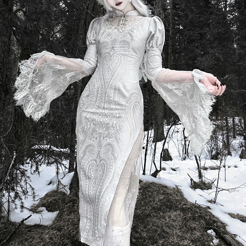 Blood Supply Original ◆ The Call of the Snow Country White Gothic Jacquard Lace Velvet Fishtail Modified Cheongsam Dress