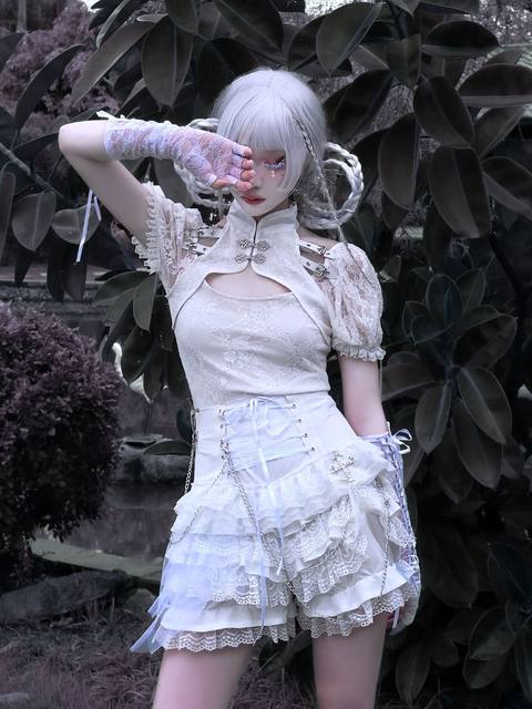 Blood Supply Original God's Redemption Summer Double Lace White Lace Puff Sleeve Stand Collar Short Sleeve Top