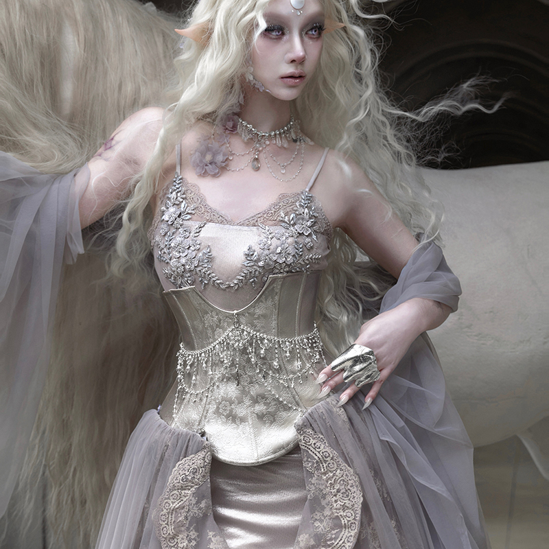 Blood Supply Original ◆ Moonlight Beast Spirit Fairy Style Silver Sparkling Diamond Armor Waistband Fishbone Corset Dress Spring Blood Supply Original ◆ Moonlight Beast Spirit Fairy Style Silver Sparkling Diamond Armor Waistband Fishbone Corset Dress Spring