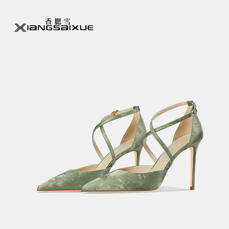 Green High-Heeled Shoes with a Snow-White Complexion, Women's Pointed-Toe Stiletto Heels, 2025 Summer New Style, Cross-Strap High-Heeled Closed-Toe Sandals
