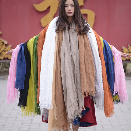 莎默纯色棉麻冬季围巾女文艺披肩长款丝巾春秋
