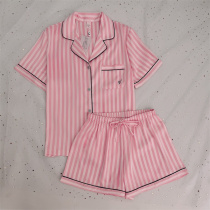 2022 new product advanced power power power same powder striped real silk sliding pyjamas female summer ice silk short sleeve shorts suit
