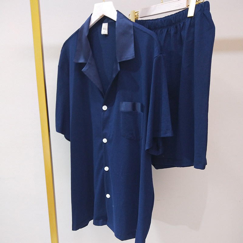 Star with the same paragraph simple luxury high-end cotton comfortable solid color pajamas men's short-sleeved shorts thin gray suit