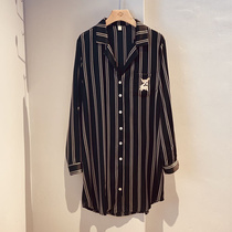 Stars Same Black Striped Embroidered Little Milky Dog Spring Summer Season Emulated Silk Sleeping Skirt Long Sleeve Pyjamas Woman Ice Silk Thin