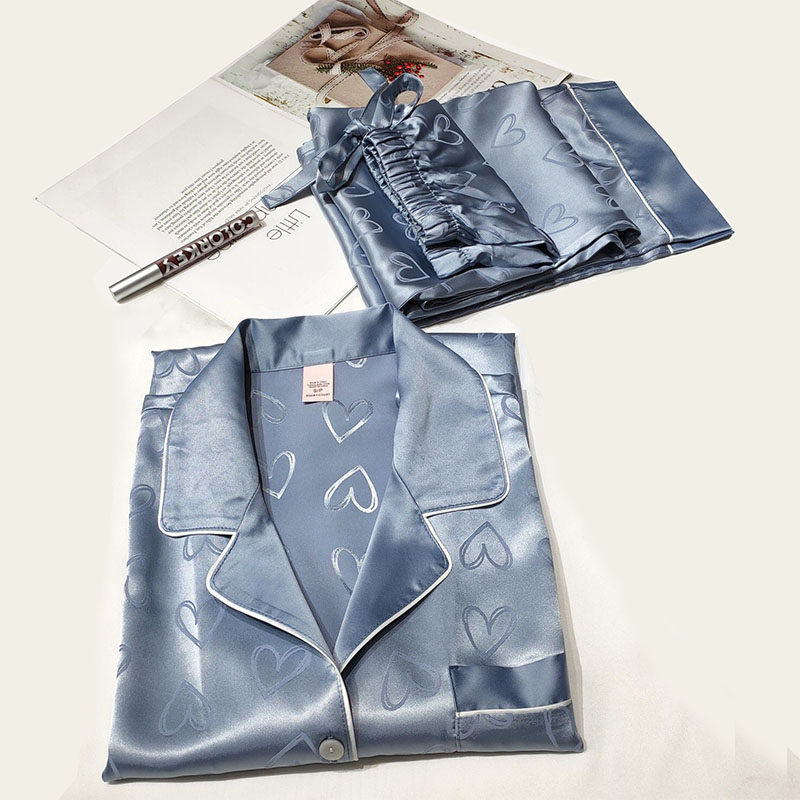 2022 new spring and summer ice silk long-sleeved pajamas women's high-end jacquard love silk slippery comfortable thin suit