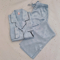 Star same style European and American windy blue butterfly knot embroidery V real silk sliding pyjamas woman fall long sleeve long pants suit