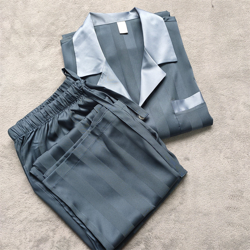 Hu Ge's new high-end blue striped silk slip pajamas men's autumn ice silk long-sleeved trousers thin suit