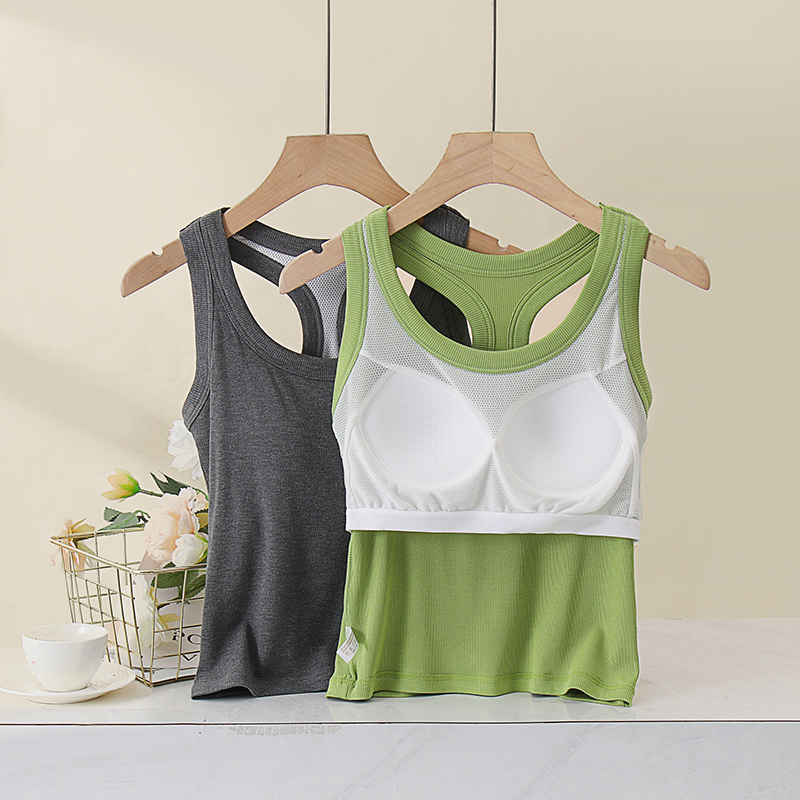 Green Camisole Y-Shaped Backless Sports Bra with Built-In Bra Pads, Suitable for Layering or Wearing Alone, Women's Style