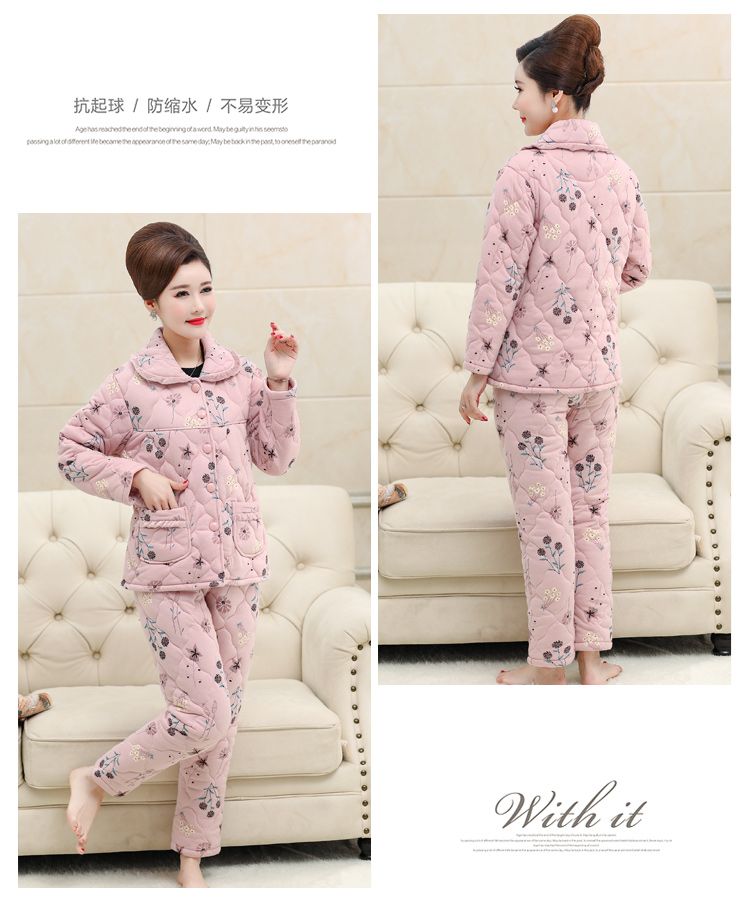 Đồ ngủ mùa đông của phụ nữ cotton ba lớp dày trung niên cộng với bông bông mùa đông trung niên ấm áp bộ pijama