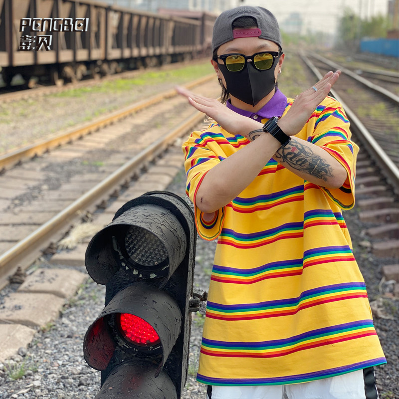 Summer Short Sleeve Polo Strip T-shirt Men coloured loose tops Han Edition in the trend street dance team customized 137