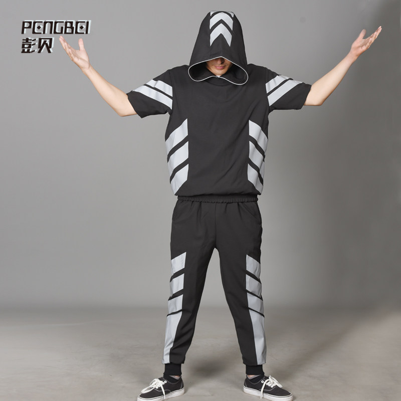 3M Reflective Collision Color Splicing Sports Suit Short Sleeve Hip Hop man Lianhood Sports Shirt Street Dance Team Custom T109