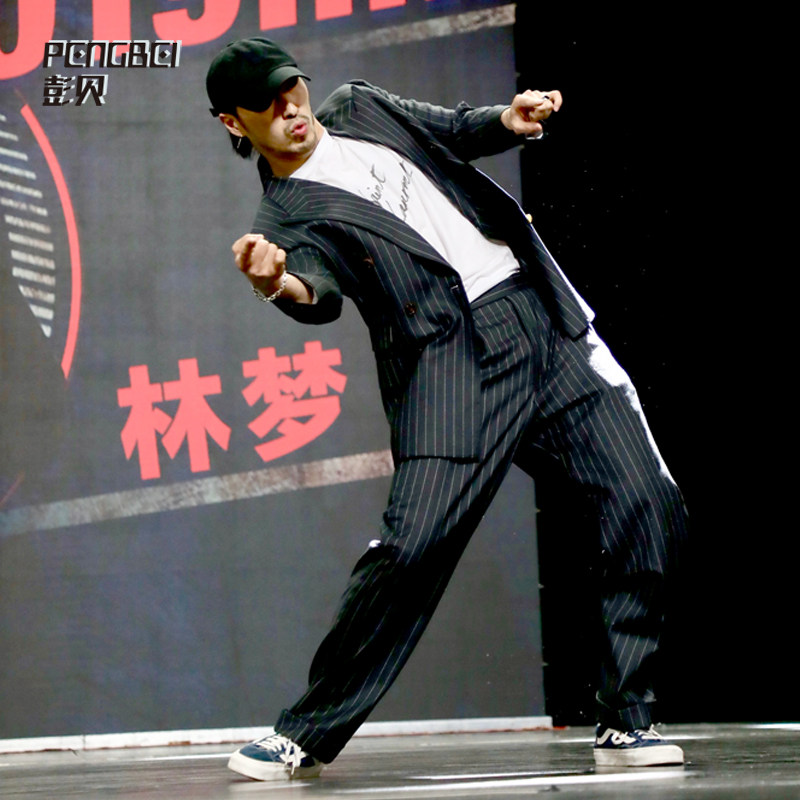 Hip-hop poppin mechanical dance loose striped suit suit star with the same lock dance trousers 072-2