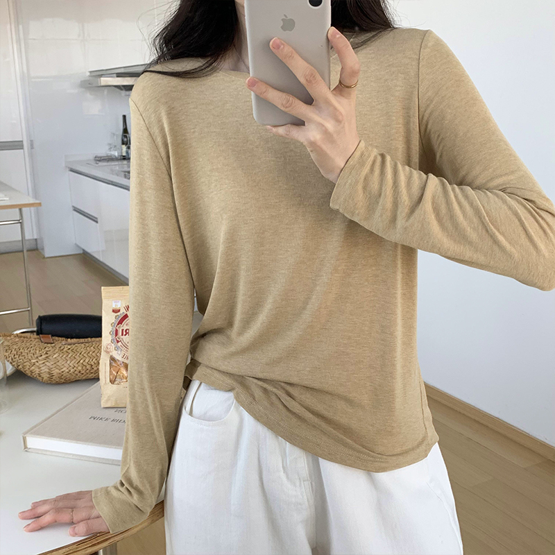 Homemade ~ Maillard wears a lap mask T-shirt woman 2023 spring autumn season pure color long sleeves with lean undershirt blouses-Taobao