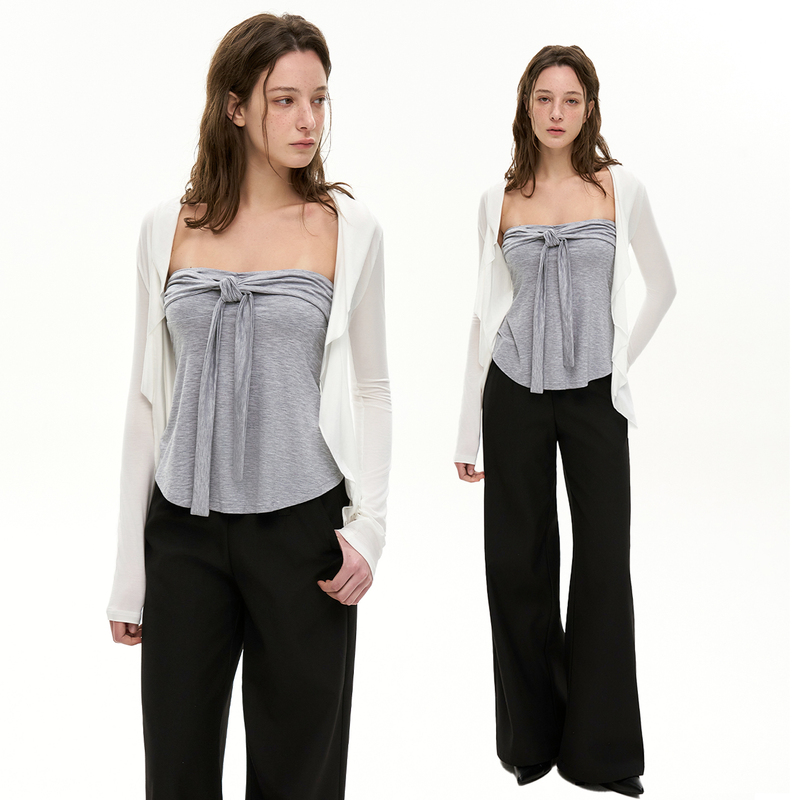 Heyabc Spring/Summer Ruffled Cardigan Tube Top 2026 Women's Versatile Age-Reducing Pure Desire Cool Long-Sleeve T-Shirt