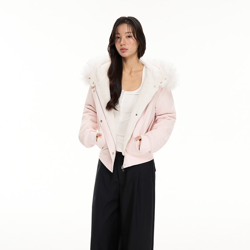 Heyabc Winter Style Detachable Fur Collar Pink Hooded Jacket for Women, Lazy Style Lamb Wool Padded Thickened Coat Heyabc Winter Style Detachable Fur Collar Pink Hooded Jacket for Women, Lazy Style Lamb Wool Padded Thickened Coat