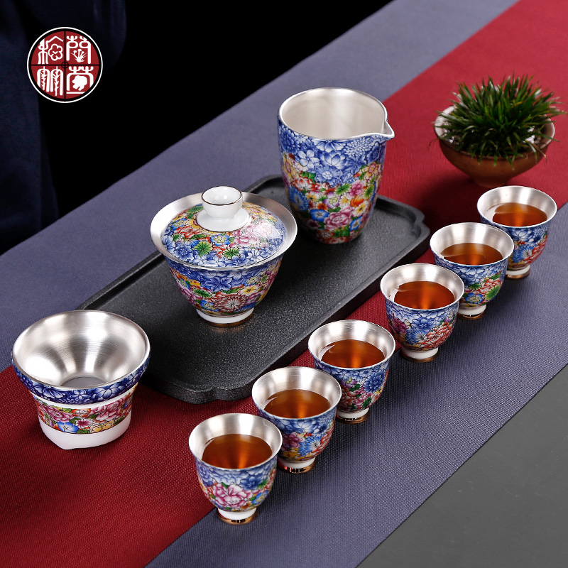 By patterns silver colored enamel coppering. As kung fu tea tea set lid bowl silver small household set of gift boxes