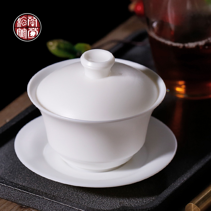 Guo - jin zhang biscuit firing suet jade kongfu tea tureen single dehua white porcelain cups bamboo three worship the bowl