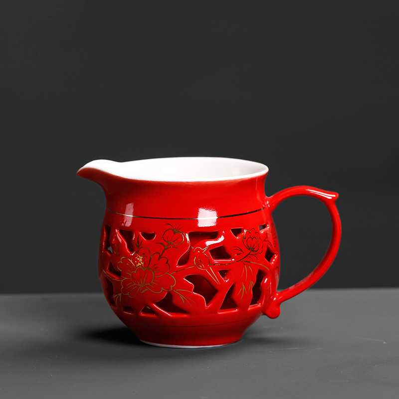Chinese tea set a single marriage red hollow out exquisite double with the ceramic fair fair keller cup home tea