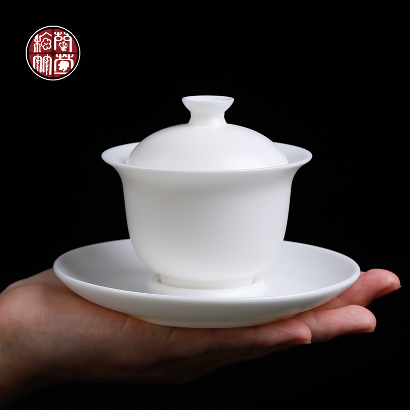Suet jade white porcelain tureen single pure manual element firing to thin three cups to trumpet dehua ceramic tea bowl