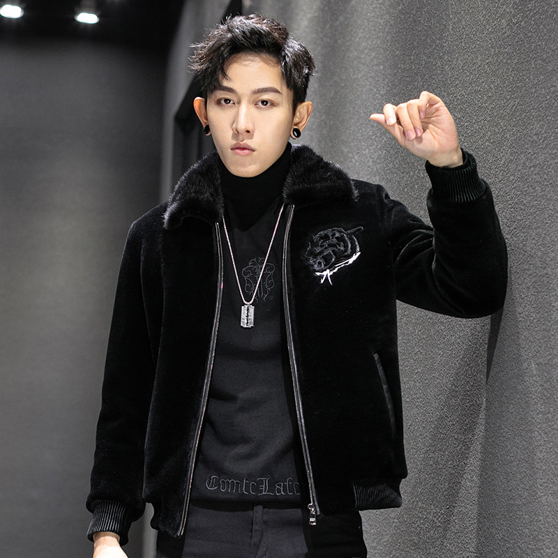 Sheep shearing men's short embroidered Haining leather jacket leather down jacket mink lapel fur all-in-one fur jacket tide