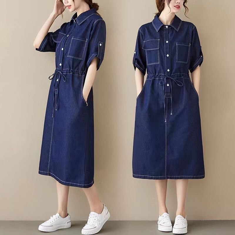 Summer Korean Style Plus-Size Denim Dress for Women, Mid-Length with Slit, Color-Blocking, Visible Stitching, Waist-Cinching, Slimming, Elegant Shirt Dress
