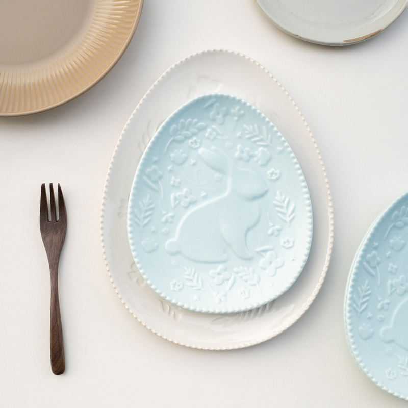Banmura Blue Rabbit Embossed Ceramic Dinner Plate Oval Household Plate Egg Tray Salt and Pepper Jar Dessert Plate