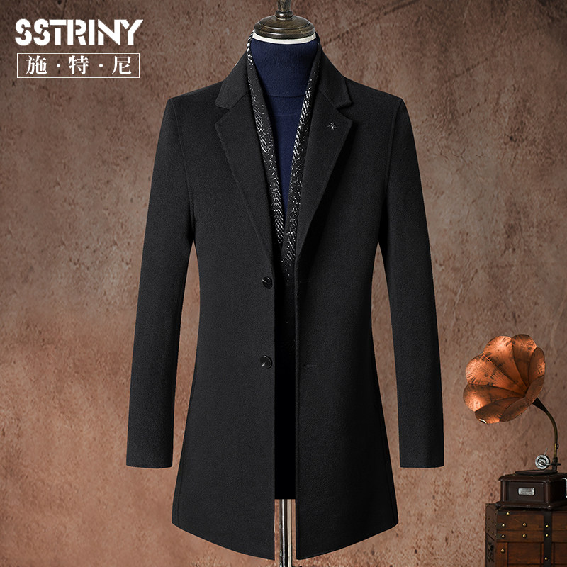 Stella autumn and winter men's wool coat medium and long version of double-sided slim scarf collar coat Wool coat