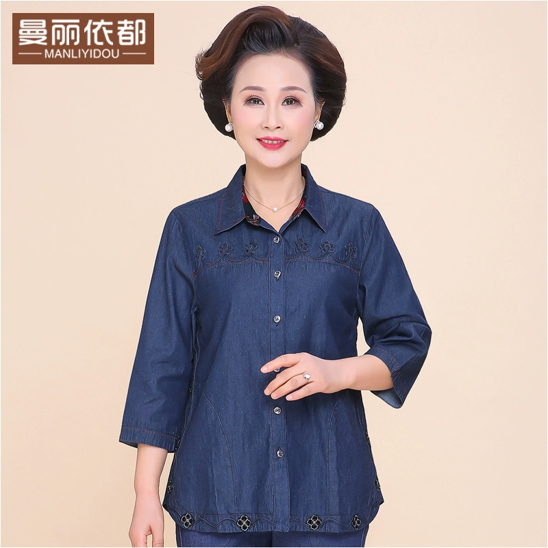 Áo sơ mi trung niên, cowgirls, cotton mẹ, quần áo mùa hè, quần áo cũ, mùa hè, kích thước lớn, bà, áo khoác mỏng - Quần áo của mẹ