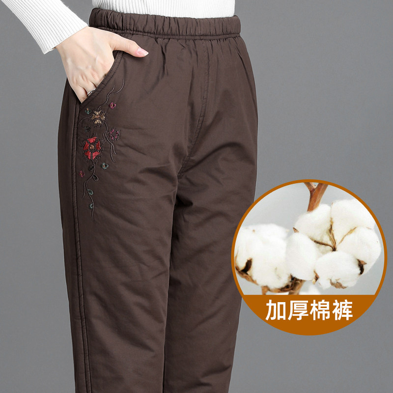 Old lady pants winter clip cotton thickened cotton pants for elderly woman tightness waist long pants pure cotton embroidered straight drum pants