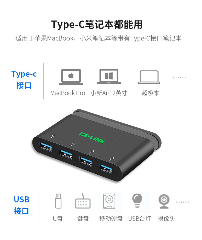 Bộ lưu trữ Celink Bộ chia USB Type-C 3.0 một cho bốn điểm sạc trung tâm mở rộng máy tính Apple - USB Aaccessories quạt mini 12v